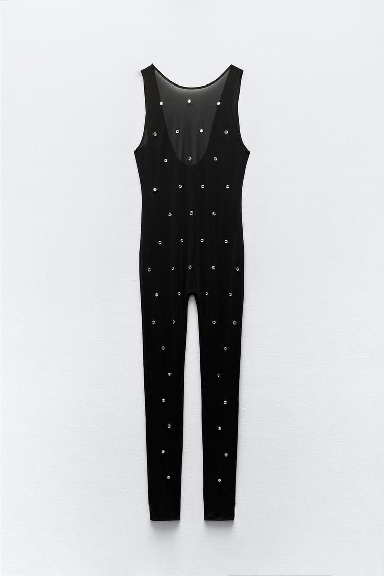 Zara Zara Rhinestone Mesh Organza Black Jumpsuit ( S ) Size 27" / US 4 / IT 40 - 2 Thumbnail