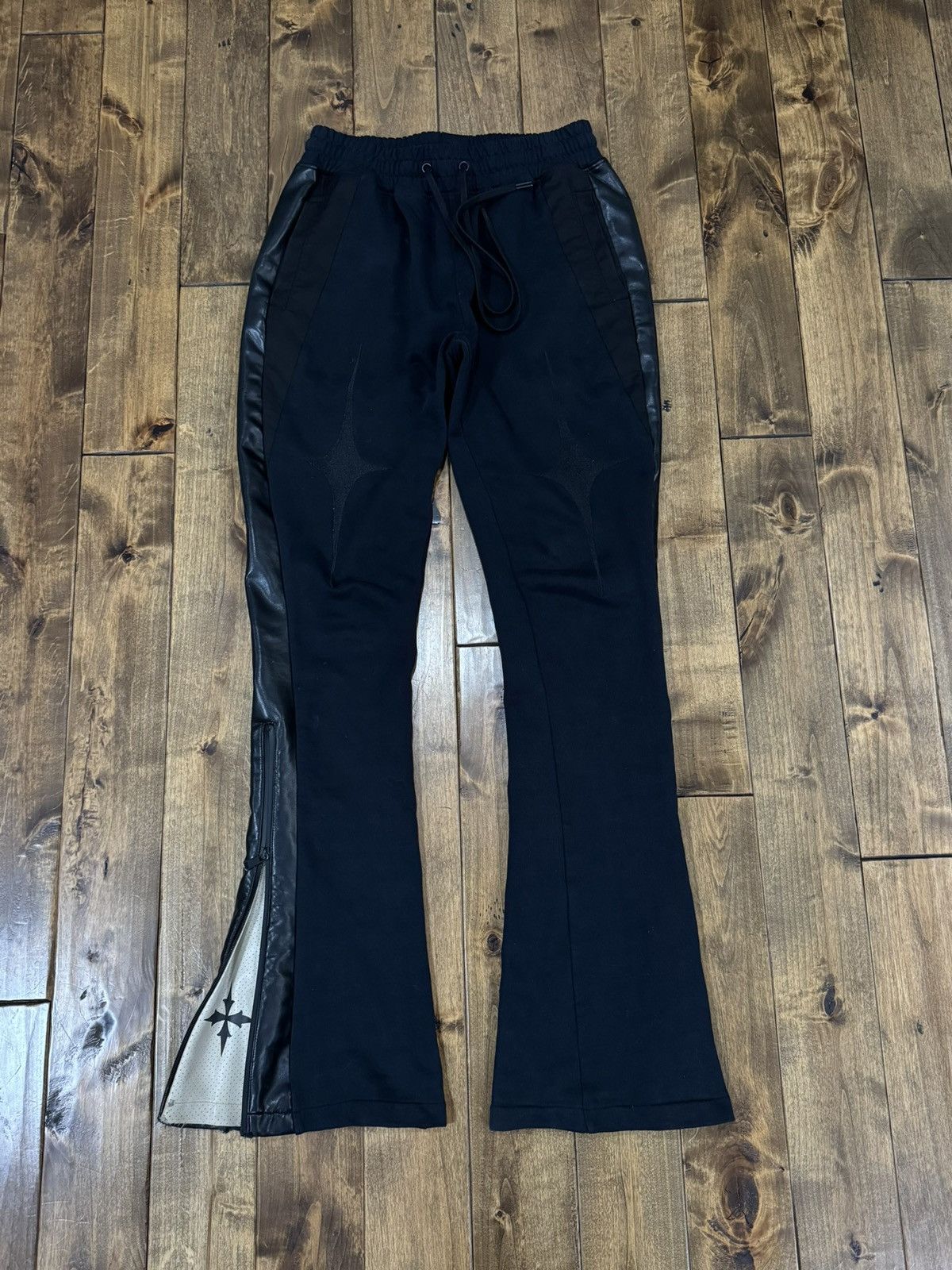 Vie + Riche Paris Vie+Riche Onyx Mixed-Media Flared Track Pants Black Leather Size US 32 / EU 48 - 1 Thumbnail