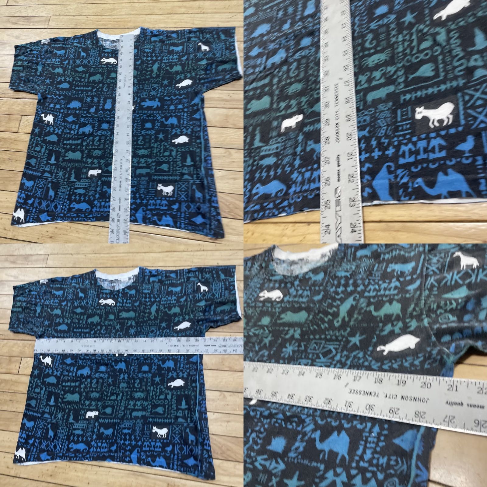 Vintage vtg 80s Single Stitch T Shirt TRIBAL ART Animal 90s Graphic AOP Crop Teal Men M Shirt Size US M / EU 48-50 / 2 - 8 Thumbnail