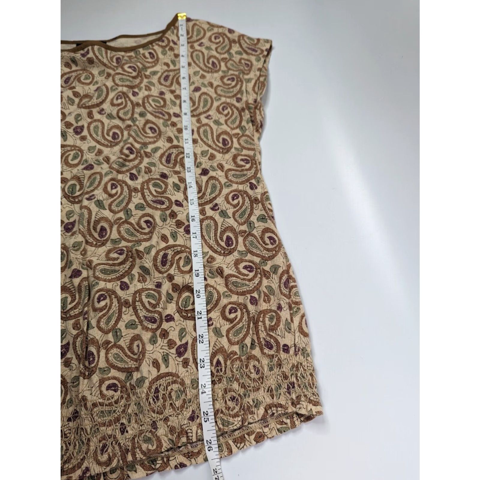 Ralph Lauren RALPH LAUREN LRL Tan Paisley Cotton Knit Faux Suede Trim Smocked Hem Top M Beige Womens Blouse Knit Cotton Short Sleeves Boat Neck Casual 90s? Size M / US 6-8 / IT 42-44 - 5 Thumbnail
