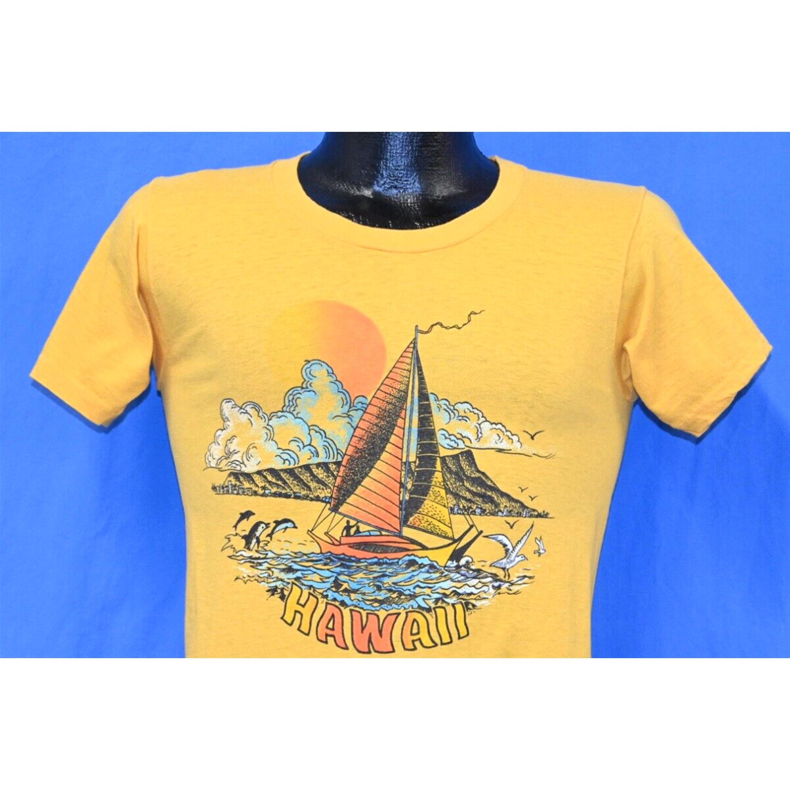 image of Vintage VTG 80's Hawaii Sunset Sailboat Dolphin Ocean Seagull Beach Tourist T-Shirt Xs in White