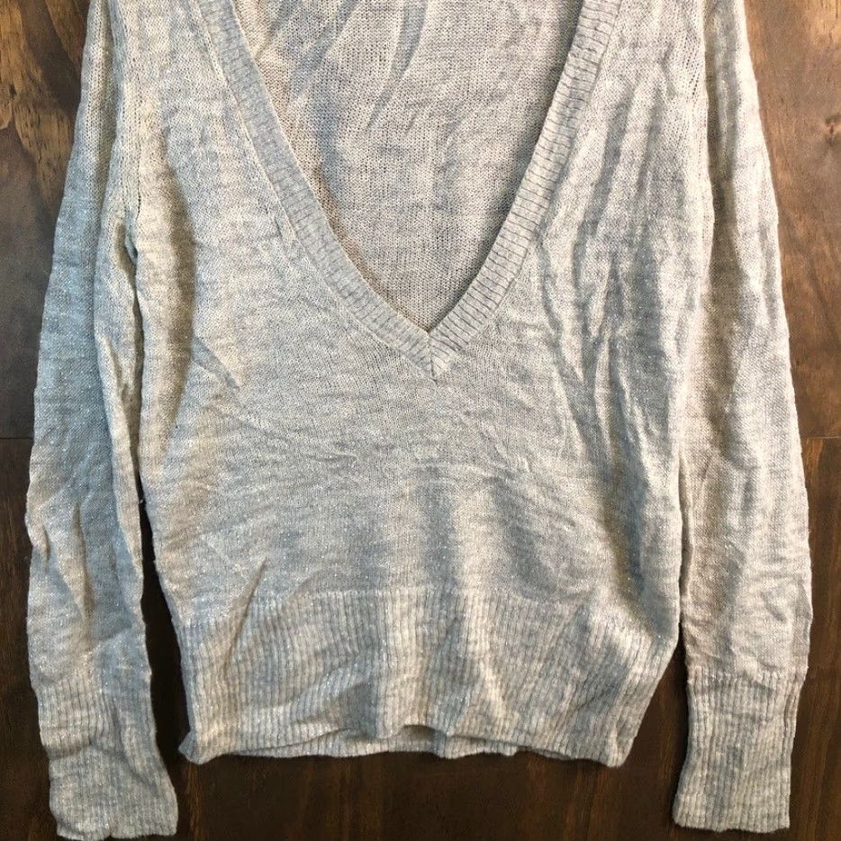 Express Express Sweater Gray Metallic Deep V-Neck Merino Wool Blend Large Womens Pullover Knit Long Sleeve Regular Size L Size L / US 10 / IT 46 - 3 Thumbnail