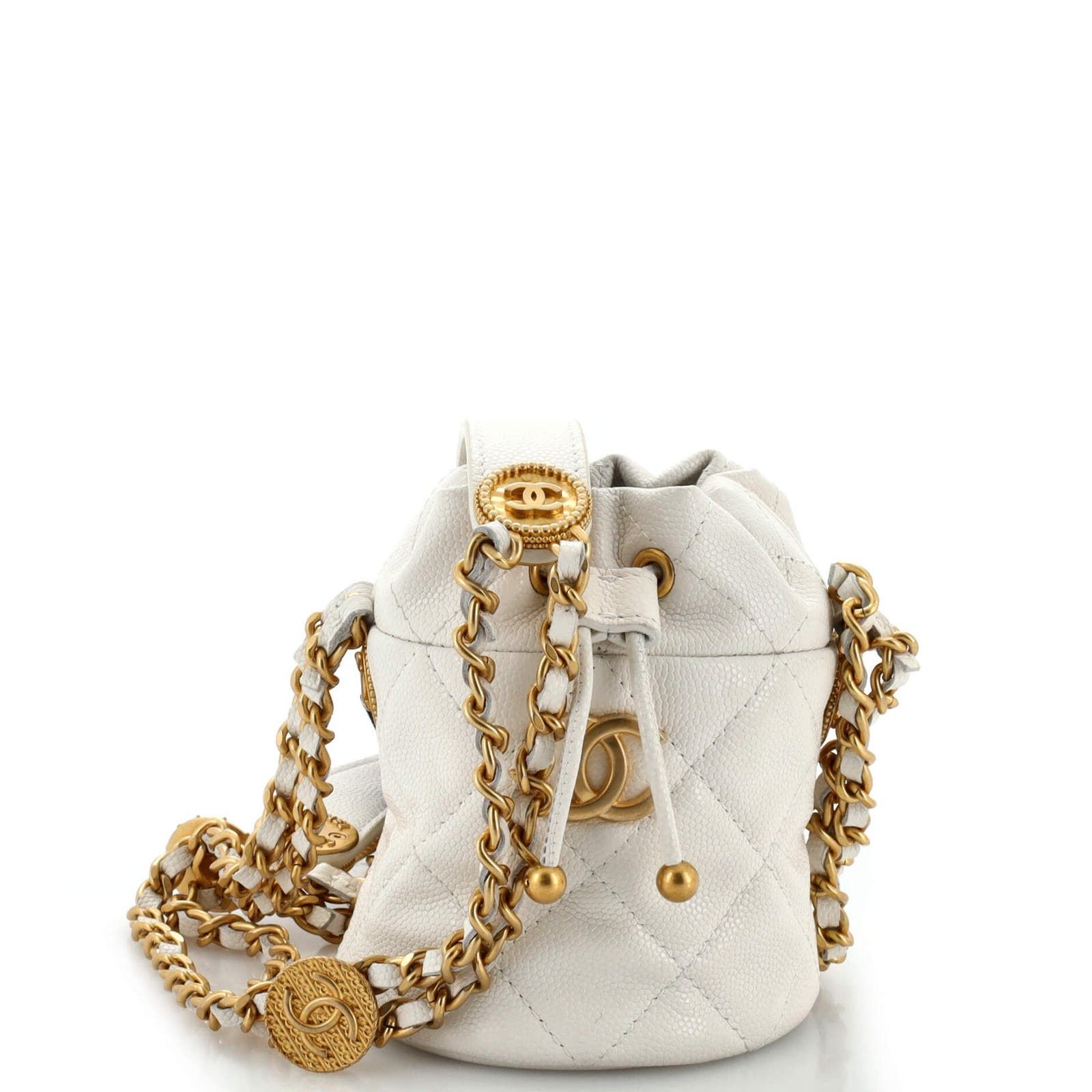 Twist Your Buttons Drawstring Bucket Bag Quilted Caviar Mini