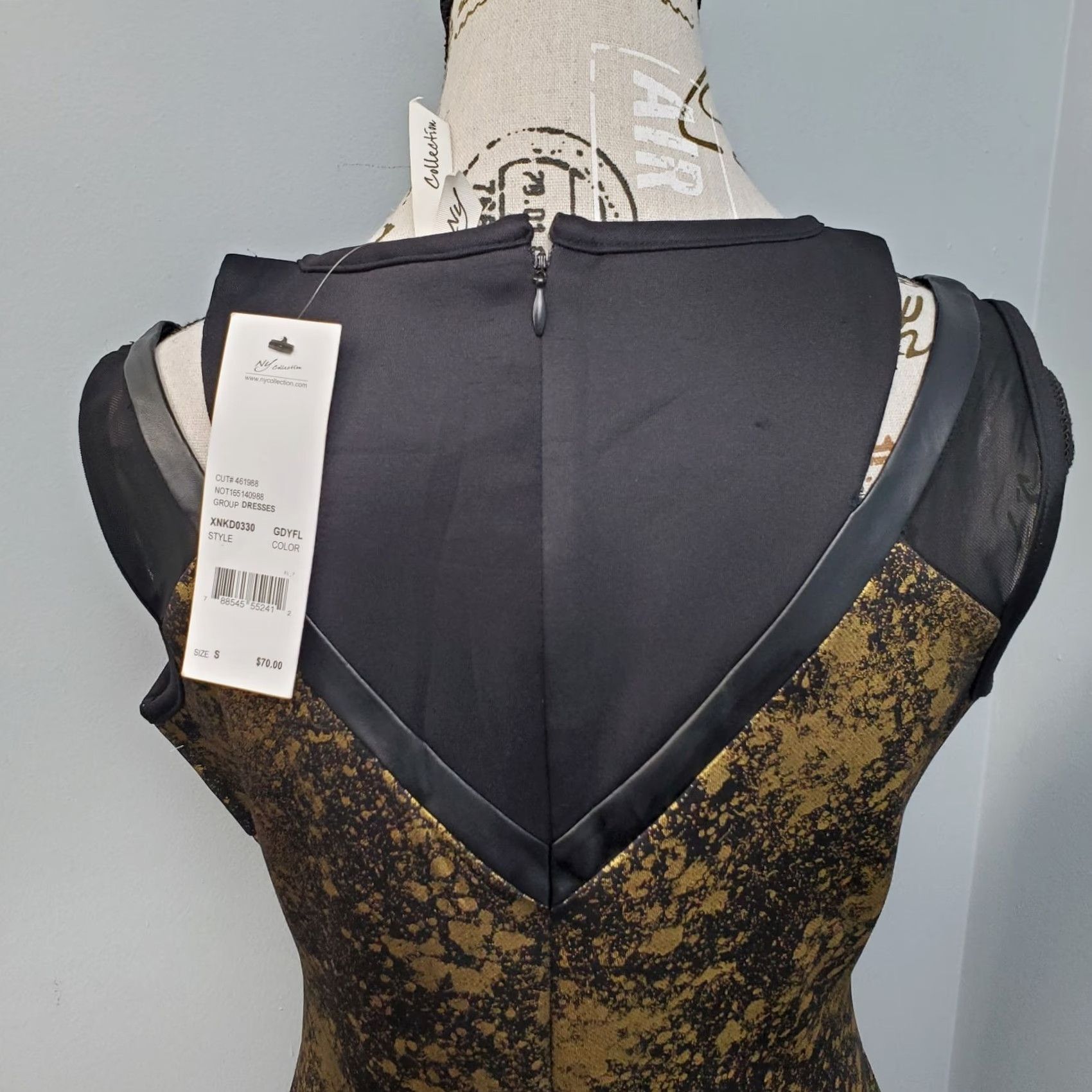 Vintage NY Collection Womens Sheath Dress Midi Black Gold Foiled Faux Leather Trim Back Zip Sleeveless S Size S / US 4 / IT 40 - 6 Thumbnail