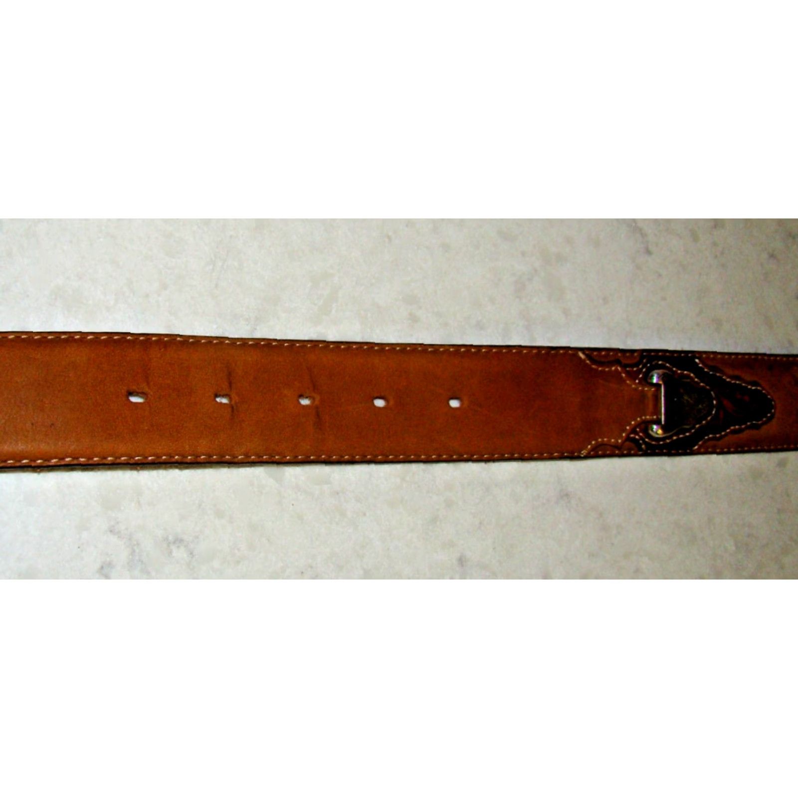 Vintage Justin THE WESTERNER Belt Mens 42 Tooled Leather Aztec Concho Brown 1 1/2” Western Mens Size 42 - 6 Thumbnail