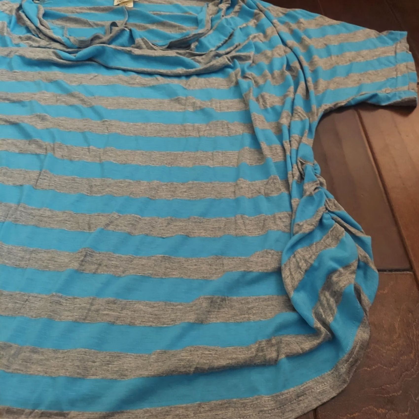 Vintage Pretty Rebellious Blouse Shirt Women 3XL Blue Gray Stripe Side Ruching Short Sleeve Plus Size Casual Summer Spring Fall Winter Size XXL / US 16-18 / IT 52-54 - 3 Thumbnail