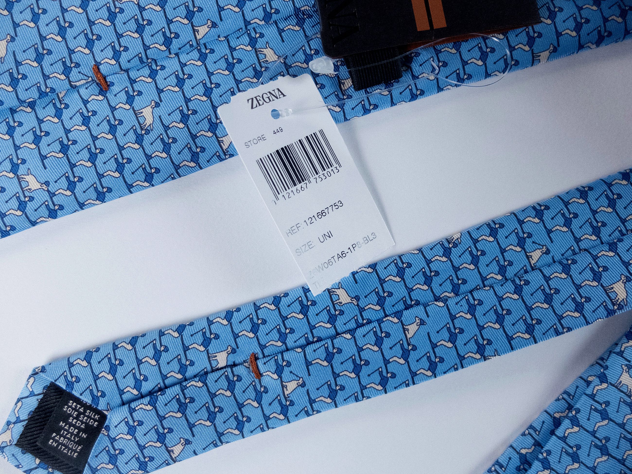 Ermenegildo Zegna ZEGNA blue skier & dog print silk tie authentic NWT Size ONE SIZE - 4 Thumbnail