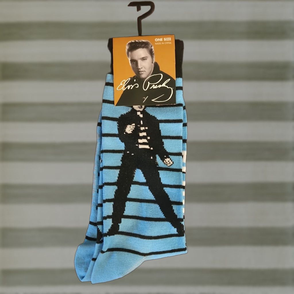 Silhouette ELVIS PRESLEY Socks Crew 7-12 OSFM Blue Black Striped Silhouette Print Mens Size ONE SIZE - 1 Thumbnail