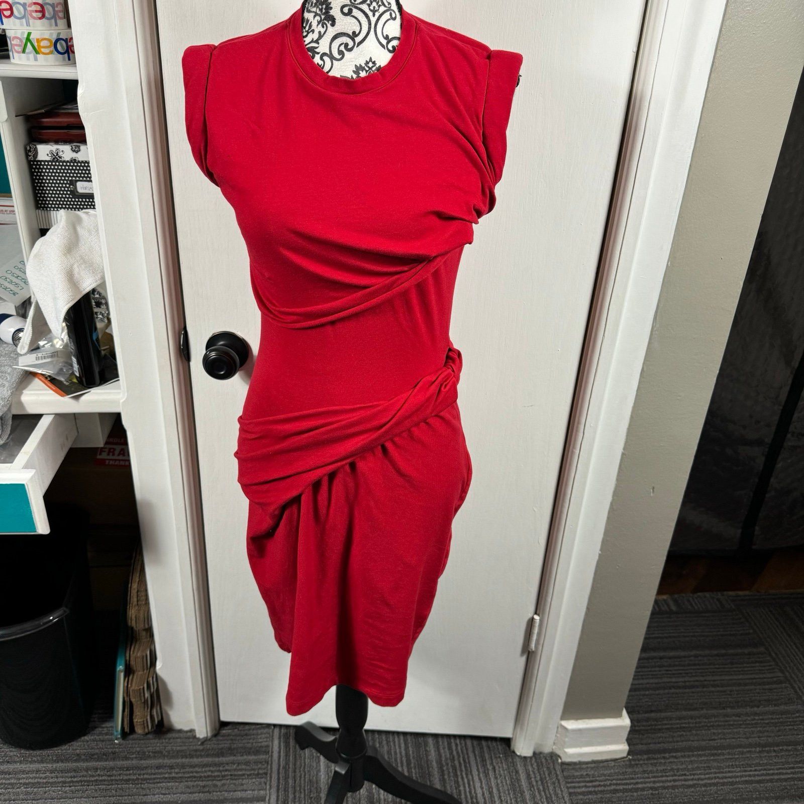 Carven Carven red bodycon ruched knee length cap sleeve dress. Si | Grailed