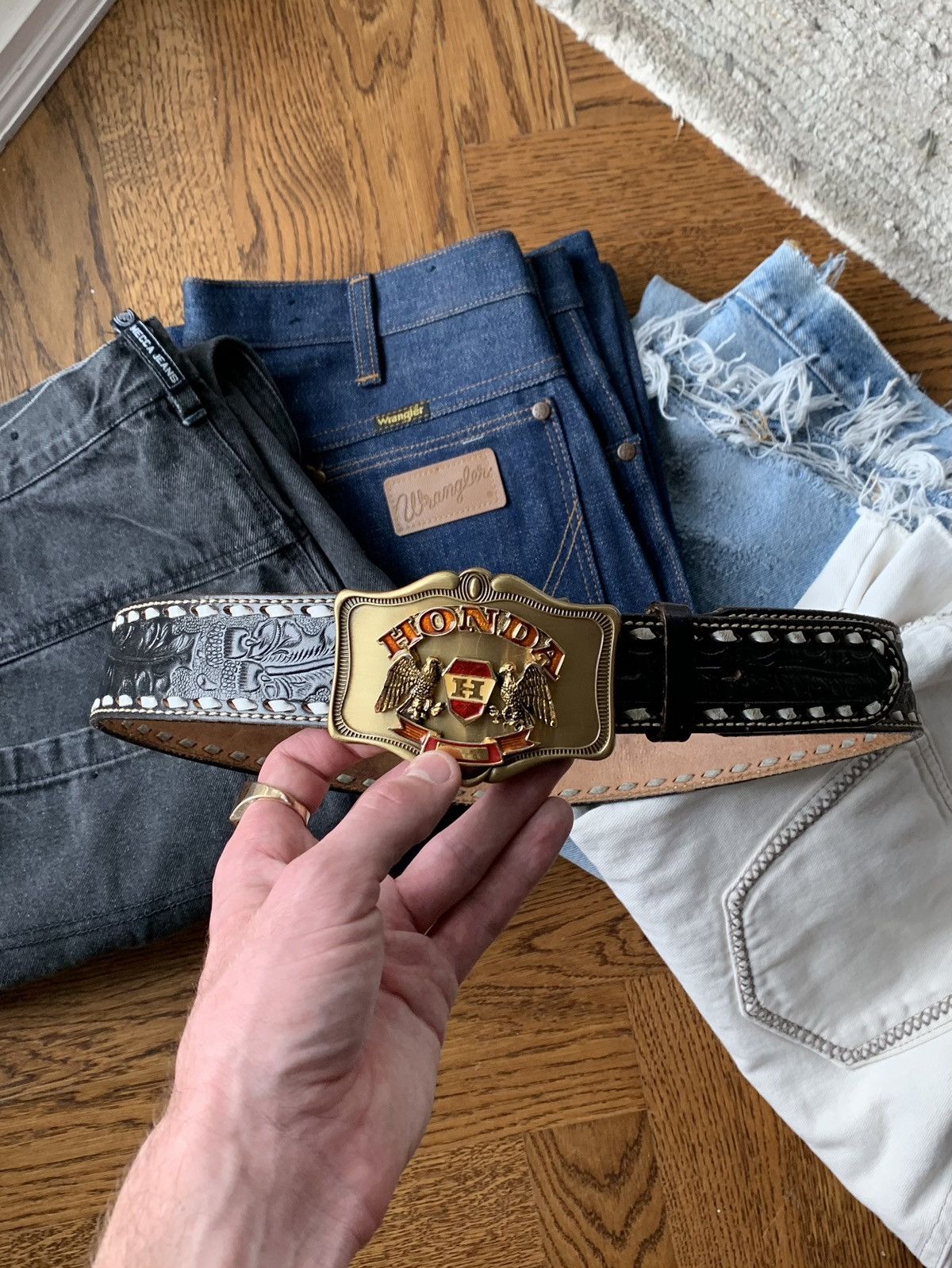 Tony Lama × Vintage 1970s Honda Tooled Leather Belt Vintage Tony Lama 38 Motor Size ONE SIZE - 2 Thumbnail