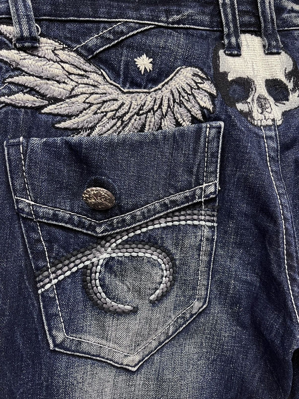 Le Grande Bleu (L.G.B.) × Seditionaries FYE💀🪽WINGED SKULL EMBROIDERY🔥VINTAGE TATTOO JEANS FLARE🔥 Size US 31 - 3 Thumbnail