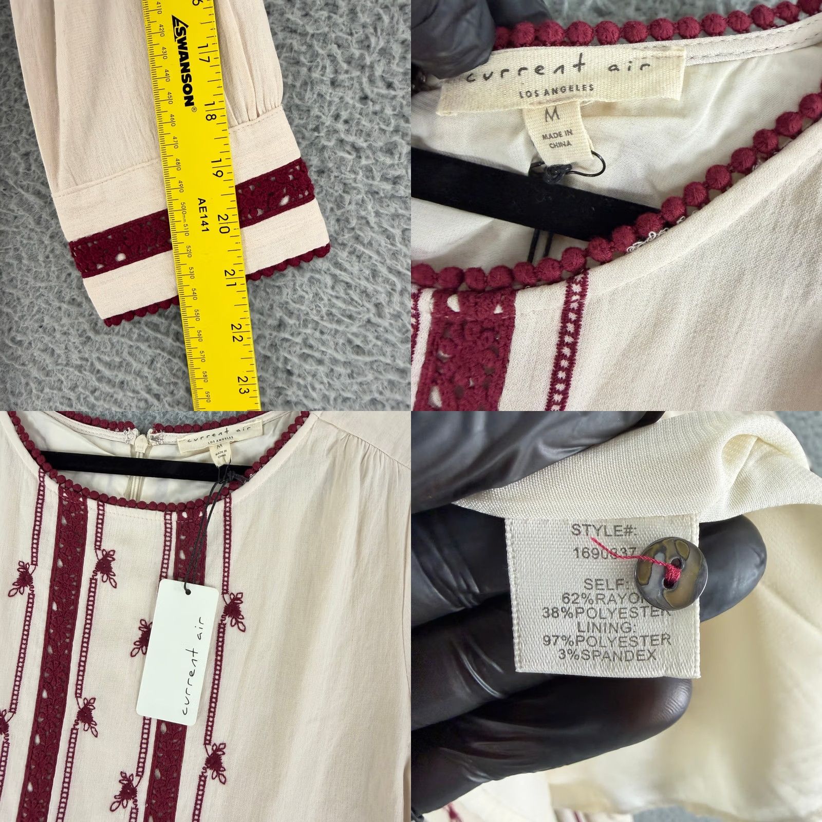 Vintage Current Air Mini Dress Womens M Ivory Burgundy Embroidered Boho Round Neck Long Sleeve A-Line Short Dress Size M / US 6-8 / IT 42-44 - 8 Thumbnail