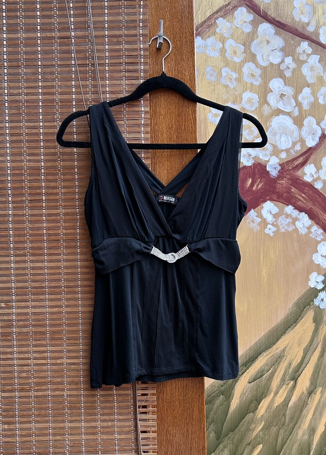 Morgan De Toi Y2K Morgan de Toi Black Draped V-Neck Top Rhinestone Buckle Size M / US 6-8 / IT 42-44 - 1 Thumbnail