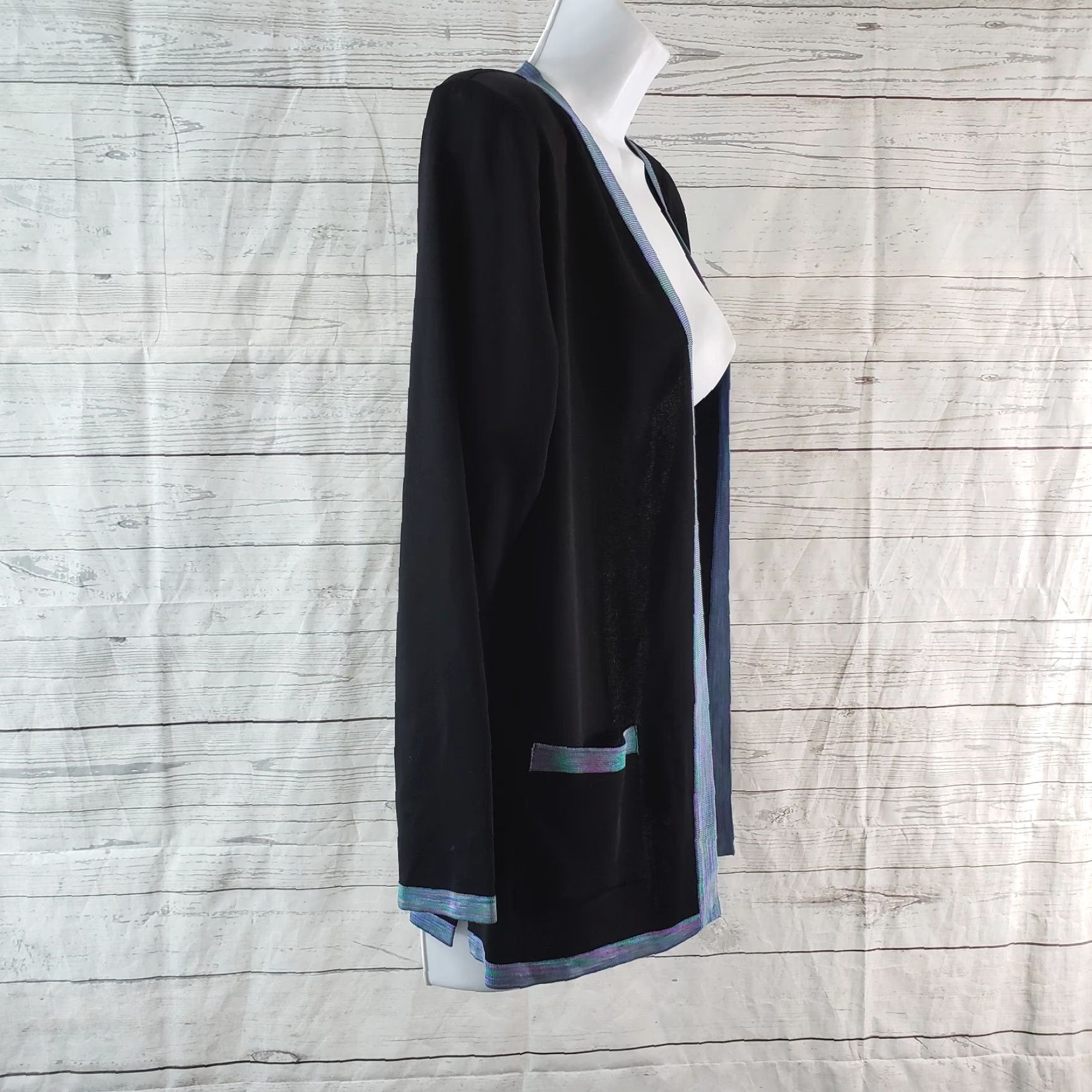 Vintage Misook Womens Cardigan Sz XSP Black Blue Open Front Pockets Exclusively Size XS / US 0-2 / IT 36-38 - 3 Thumbnail