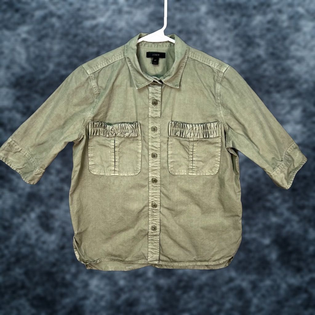 J.Crew J. Crew Button-Up Shirt Womens 6 Tall Olive Green 100% Cotton Pockets Ruched Short Sleeve Casual Vintage No Size M / US 6-8 / IT 42-44 - 1 Thumbnail
