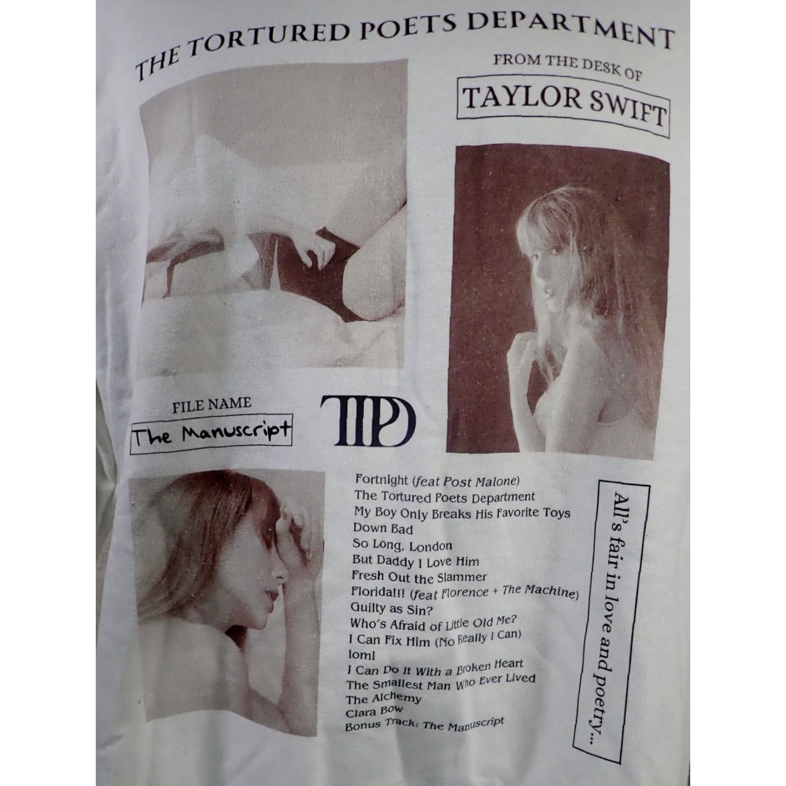 Vintage Taylor Swift TTPD Tortured Poets Department The Manuscript Sweatshirt Women's M White Size M / US 6-8 / IT 42-44 - 2 Thumbnail