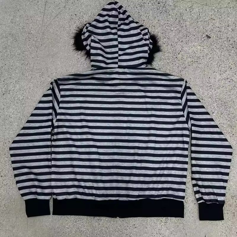 Japanese Brand Black and Grey Fur Lined Striped Hoodie Size US L / EU 52-54 / 3 - 4 Thumbnail