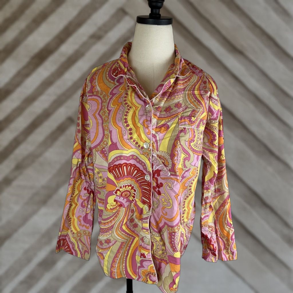 Vintage The Chandler Collection Pajama Top Women M Pink Paisley 90s Boho Y2K Collared Button Front Long Sleeve Size M / US 6-8 / IT 42-44 - 1 Thumbnail