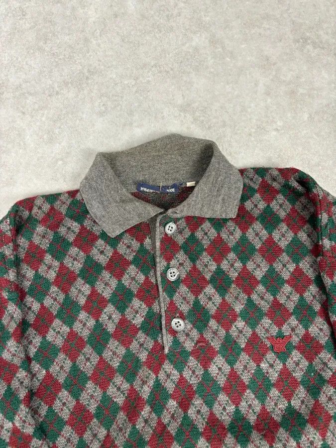 Emporio Armani 1980s Emporio Armani Grey Wool Red & Green Polo Sweater Size US L / EU 52-54 / 3 - 4 Thumbnail