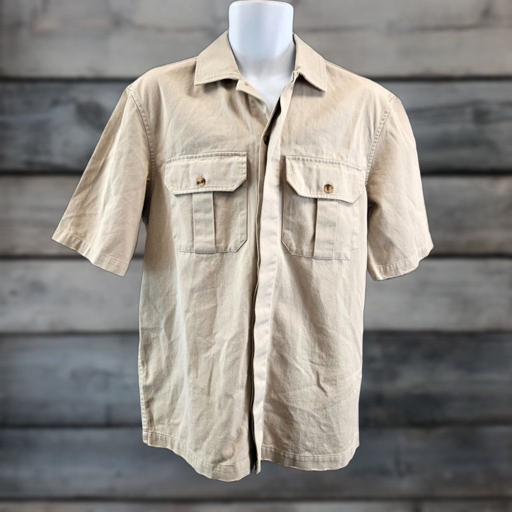 Topman Topman Mens Button Front Shirt Sz M Beige Cotton Distressed Solid Short Sleeve Modern Size US M / EU 48-50 / 2 - 1 Thumbnail