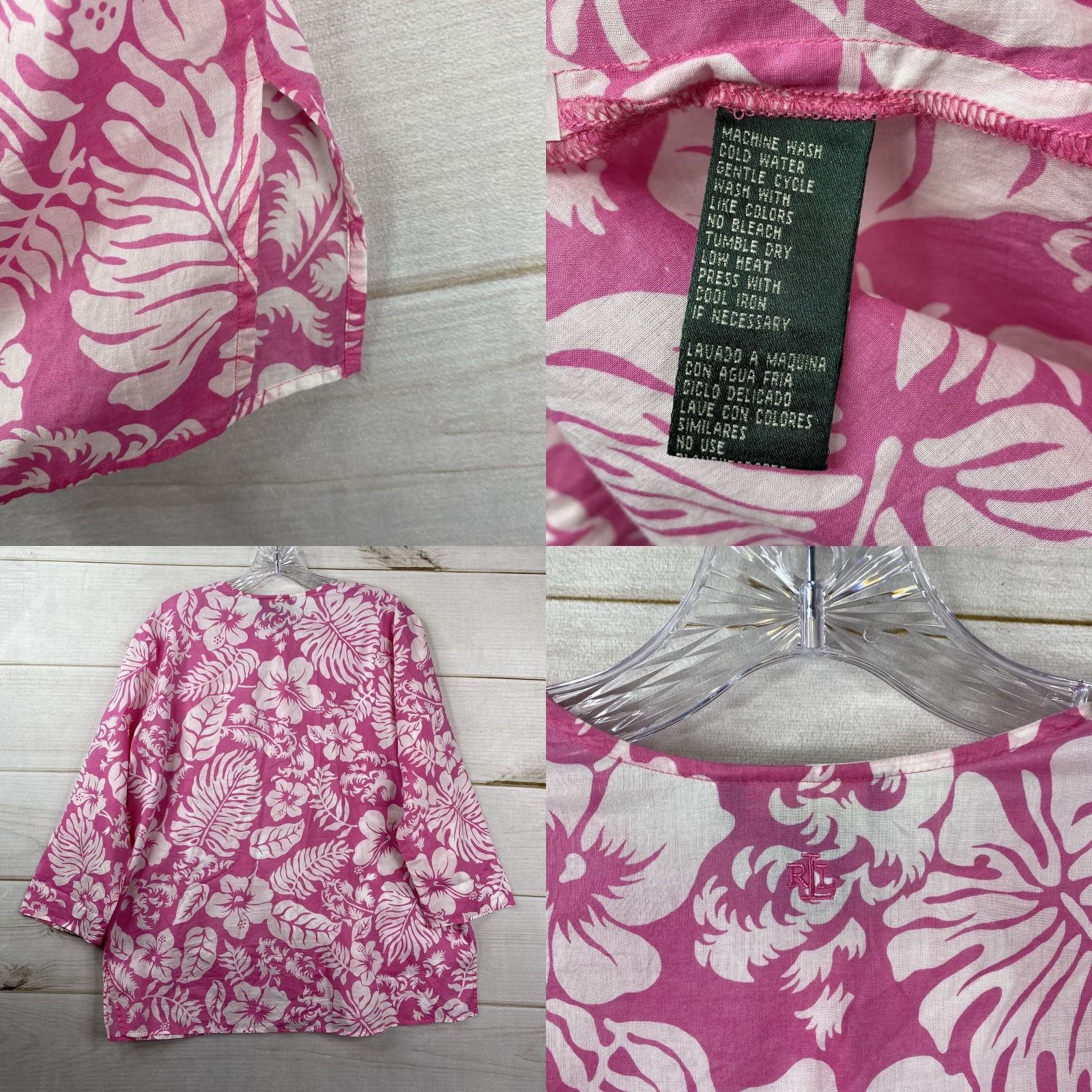 Ralph Lauren Ralph Lauren LRL Top Womens L Pink White Floral Lightweight Cotton Button Up Shirt Womens Colorful Floral 3/4 Sleeve Casual Size L / US 10 / IT 46 - 8 Thumbnail