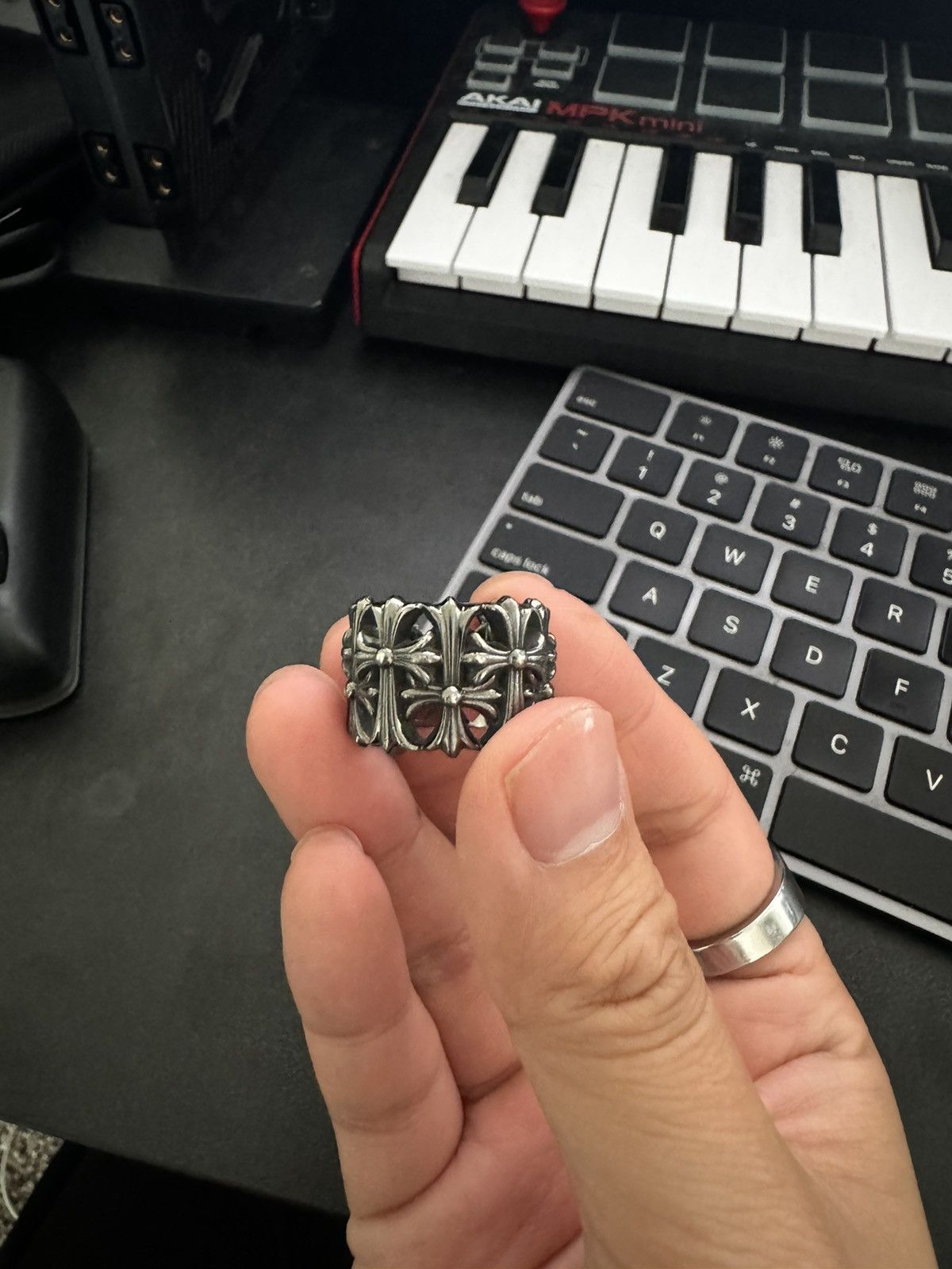 image of Chrome Hearts Rhodium Black Cemetery Ring Size 8, Men's