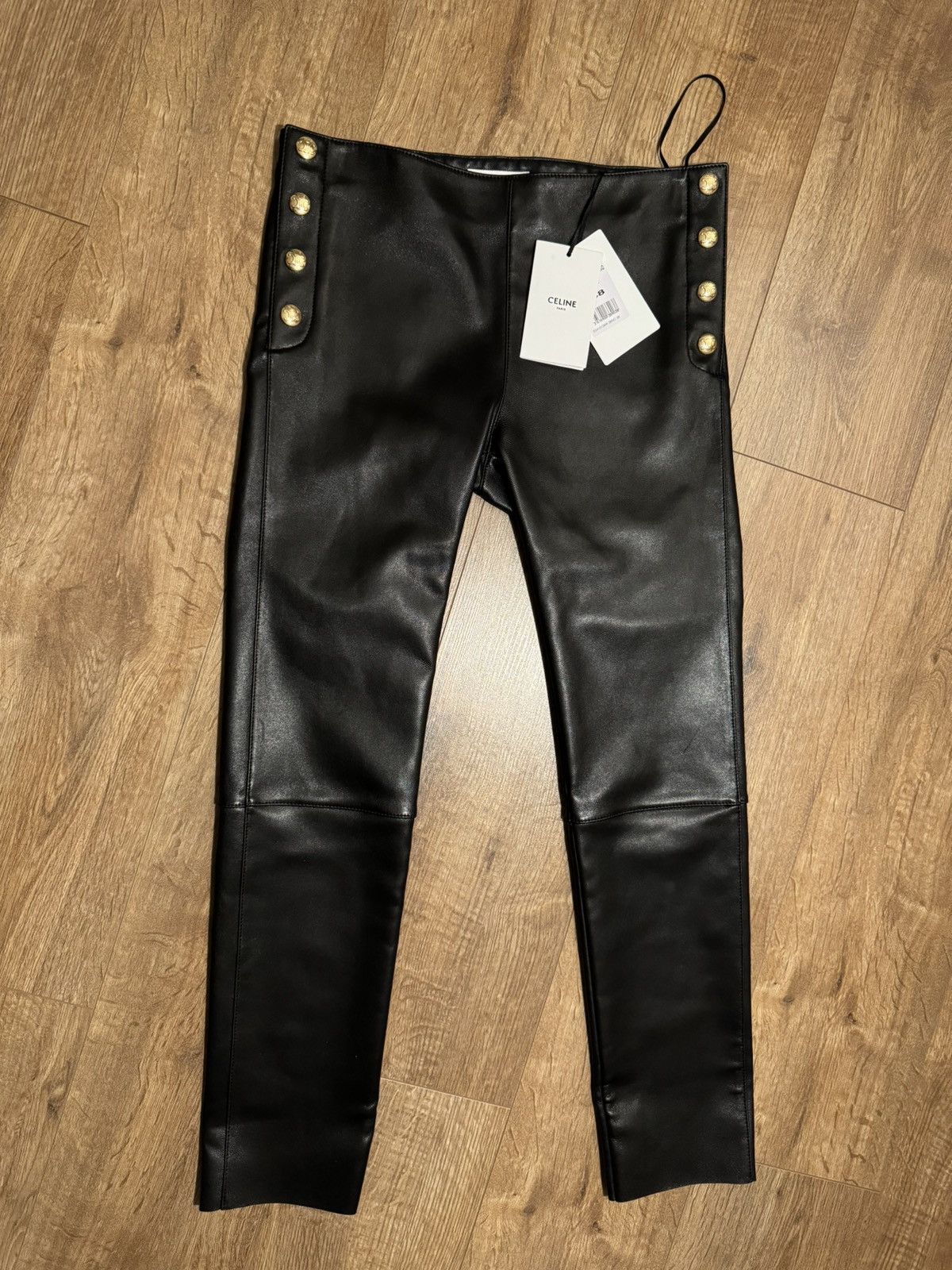 Celine Celine black leather pants, 8 Triomphe gold buttons, size M Size 27" / US 4 / IT 40 - 1 Thumbnail