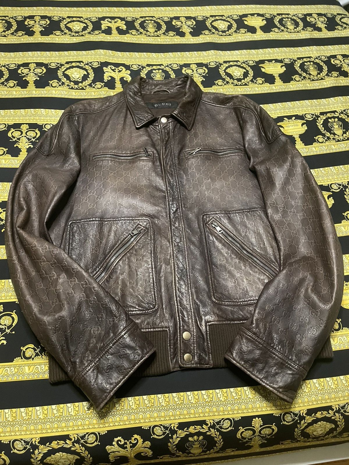 Gucci 100% AUTHENTIC GUCCI GG MONOGRAM BIKER LEATHER BROWN JACKET Size US L / EU 52-54 / 3 - 1 Thumbnail
