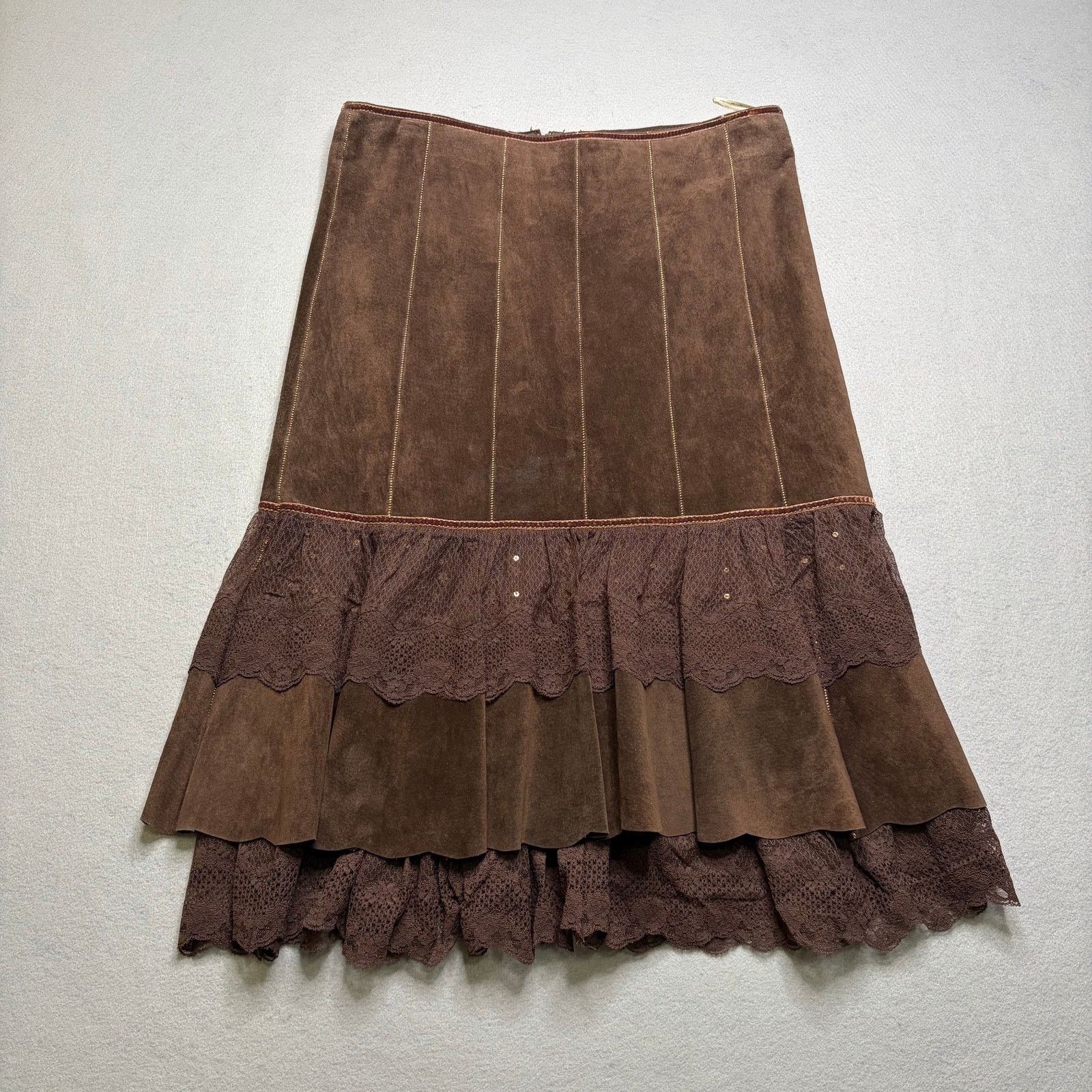 Sixth June Paris Y2K June Brown Suede Leather Midi Skirt Women’s Size 6 Lace Size 28" / US 6 / IT 42 - 1 Thumbnail