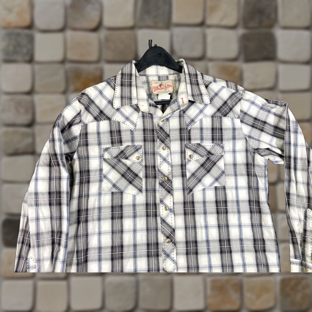 Wrangler Wrangler Pearl Snap Western Shirt Mens M Gray White Plaid Button-Up Cowboy Size US M / EU 48-50 / 2 - 1 Thumbnail