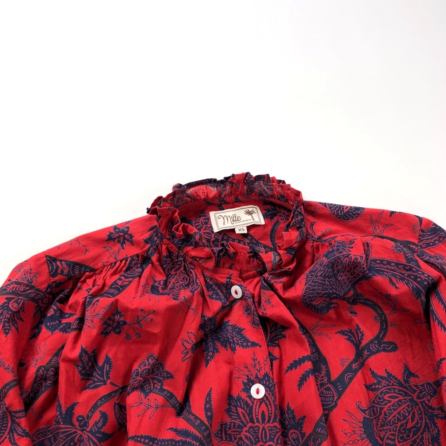 Vintage Mille Resort & Travel Shirt Womens XS Red Ruffled Neck Button Long Sleeve Floral HRJ Size XS / US 0-2 / IT 36-38 - 3 Thumbnail