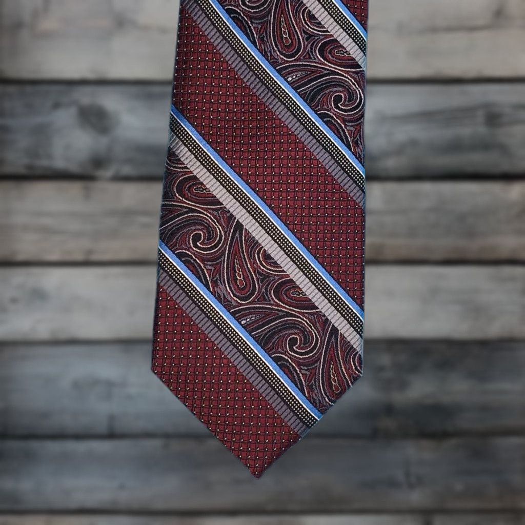 Pronto Uomo VINTAGE Pronto Uomo Silk Necktie Mens Long 3" Burgundy Paisley Silver Geometric Preppy 61" NEW Size ONE SIZE - 1 Thumbnail