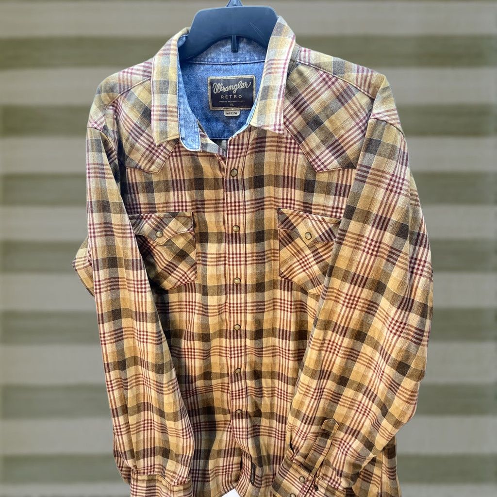 Wrangler Wrangler Pearl Snap Shirt Mens XL Brown Plaid Western Rockabilly Cowboy Button-Up Collared Long Sleeve Size US XL / EU 56 / 4 - 1 Thumbnail