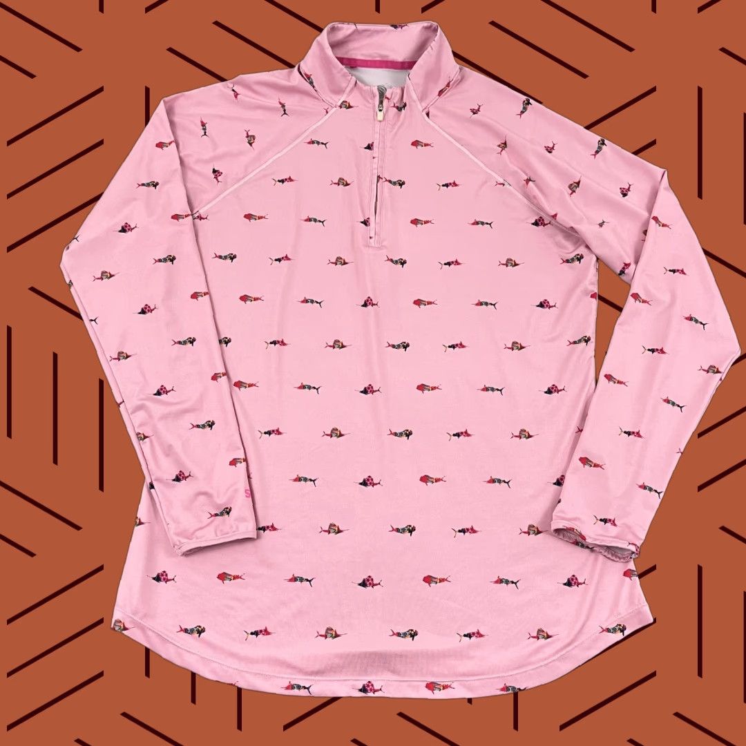 Vintage Scales Pullover Jacket Large Pink Trippy Fish Quarter Zip Fishing Stretch Breathable Hooded Lightweight Athletic Womens Size L / US 10 / IT 46 - 1 Thumbnail