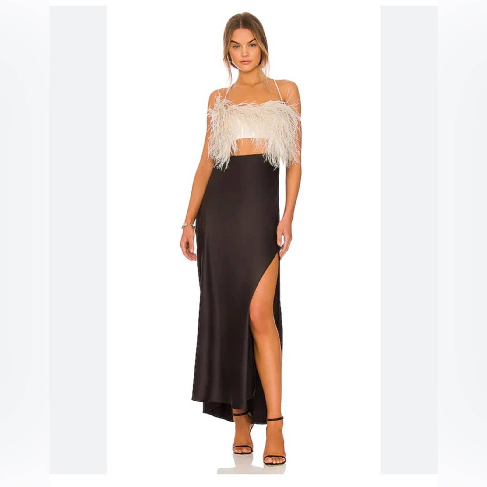 image of Patbo Feather Trim Maxi Slip Dress in Black, Women's (Size Large)