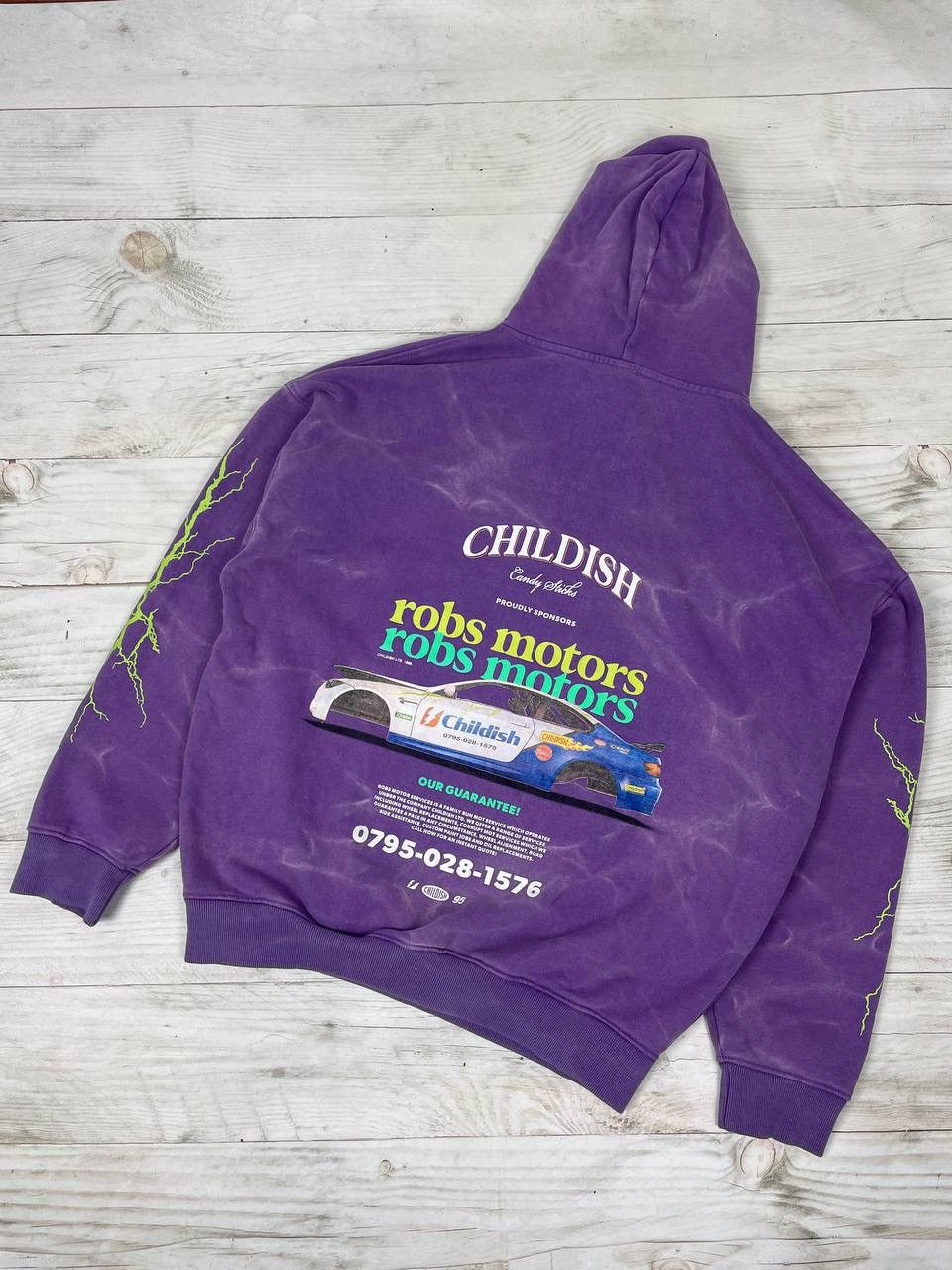 image of Vintage Childish Robs Motors 90's Purple Hoodie Big Logo Y2K Racing, Men's (Size XL)