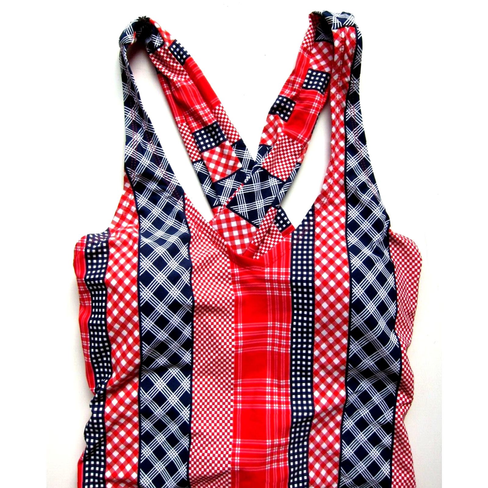 Vintage Sea Angel One Piece Swimsuit Women Medium Plaid Stripe USA Red White Blue Navy Nylon Lycra 88% Slimming Size ONE SIZE - 3 Thumbnail