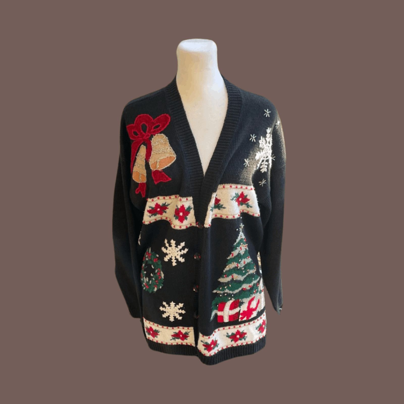 Vintage VTG Holiday Cardigan | Tiara Knit Black/Red/Green Grannycore Size L / US 10 / IT 46 - 1 Thumbnail
