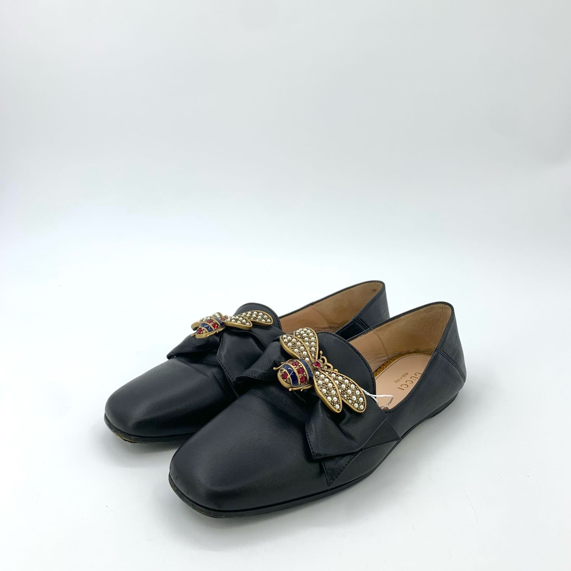 Gucci Gucci Black Leather Bee Flats With Rhinestone Detail Size 36 Size US 6 / IT 36 - 1 Thumbnail