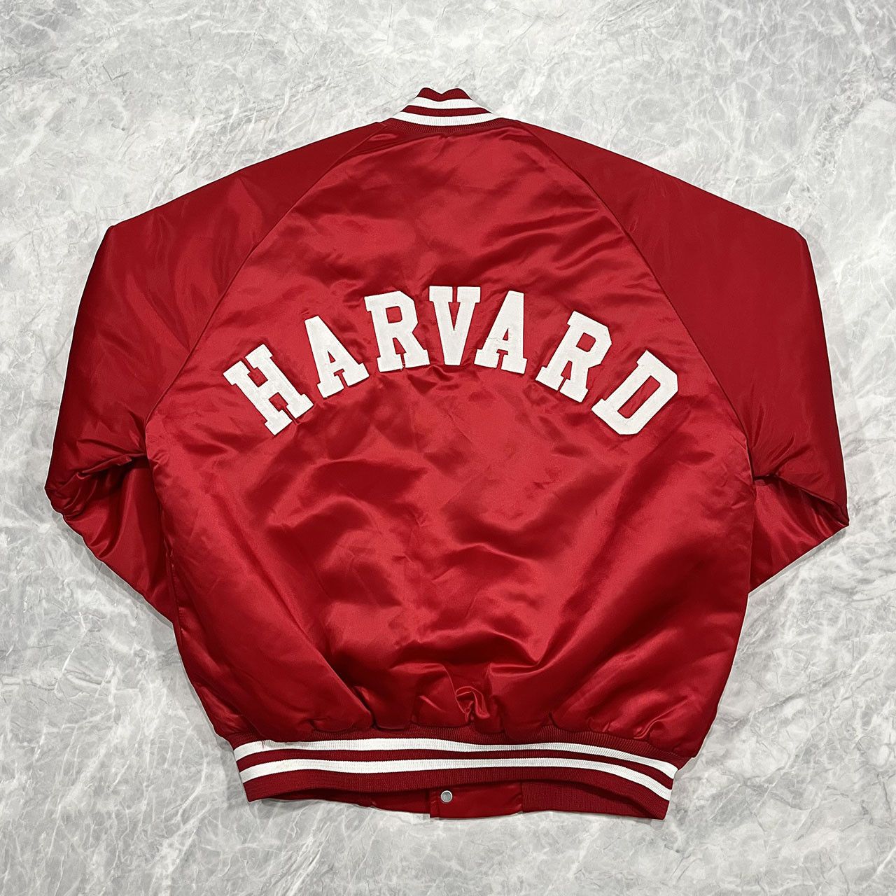 image of 90's NCAA Harvard Crimson Chalk Line Spell Out Satin Jacket in Red, Men's (Size Medium)