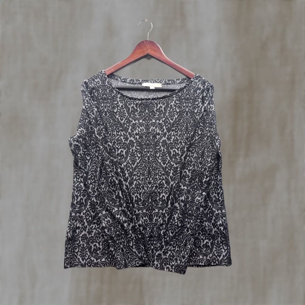 Loft LOFT Blouse Women Black Gray Damask Print Long Sleeve Top L Size L / US 10 / IT 46 - 1 Thumbnail