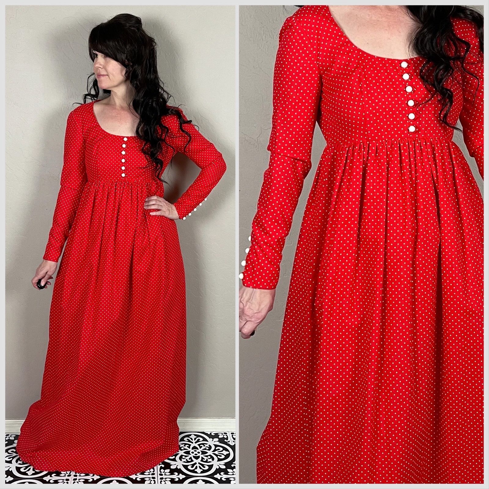 Vintage Vintage 1970s Red & White Polka Dot Long Sleeve Maxi Dress Size XXS / US 00 / IT 34 - 1 Thumbnail
