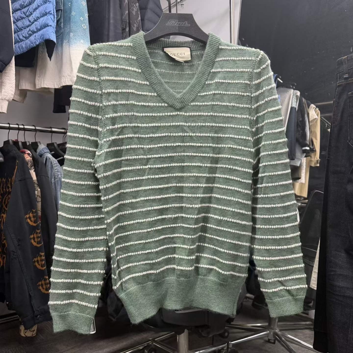 Gucci Gucci Green White Striped V-Neck Sweater Size US M / EU 48-50 / 2 - 1 Thumbnail