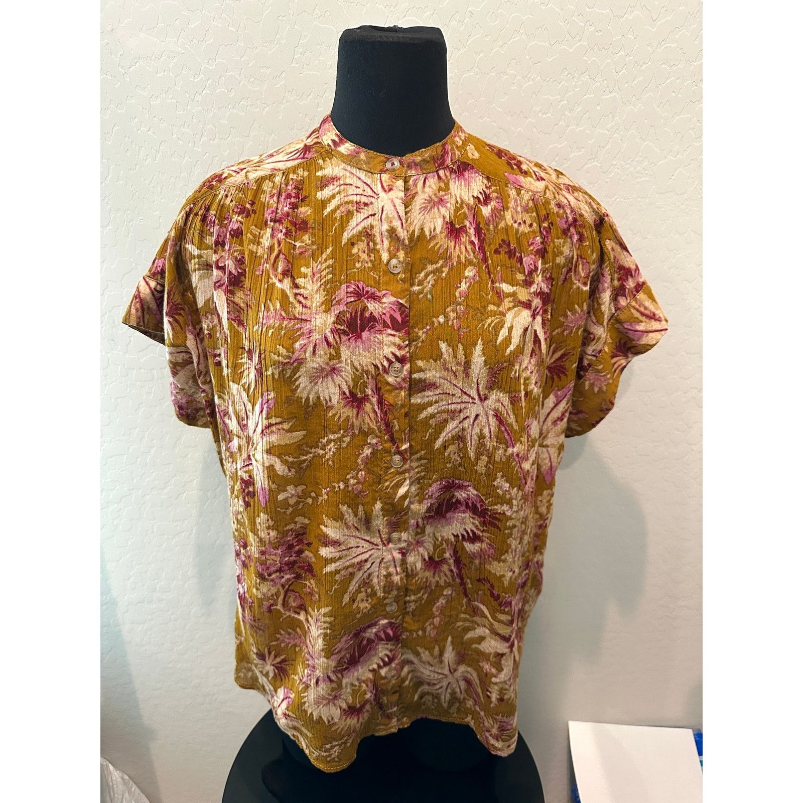 Anthropologie ANTHROPOLOGIE | Gold Floral Batwing Oversized Blouse Size XS / US 0-2 / IT 36-38 - 2 Thumbnail