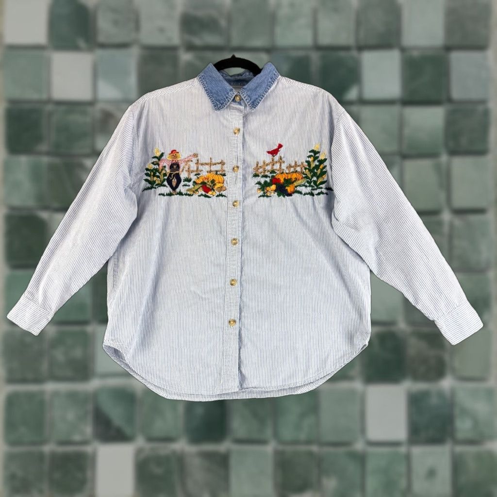 Vintage Solutions Original Button-Up Shirt Womens M Blue Fall Scarecrow Embroidered Size M / US 6-8 / IT 42-44 - 1 Thumbnail