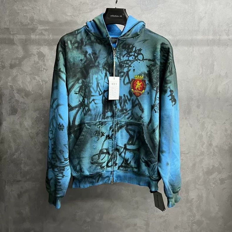 Balenciaga Balenciaga Blue Worn Effect Graffiti Zip Hoodie Size US XXS / EU 40 - 2 Thumbnail