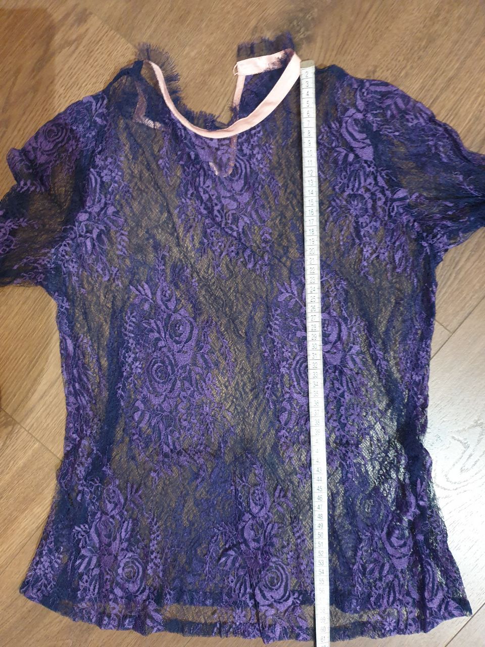 Other Sheer lace blouse sz S blue color with pink ribbons Size S / US 4 / IT 40 - 6 Thumbnail