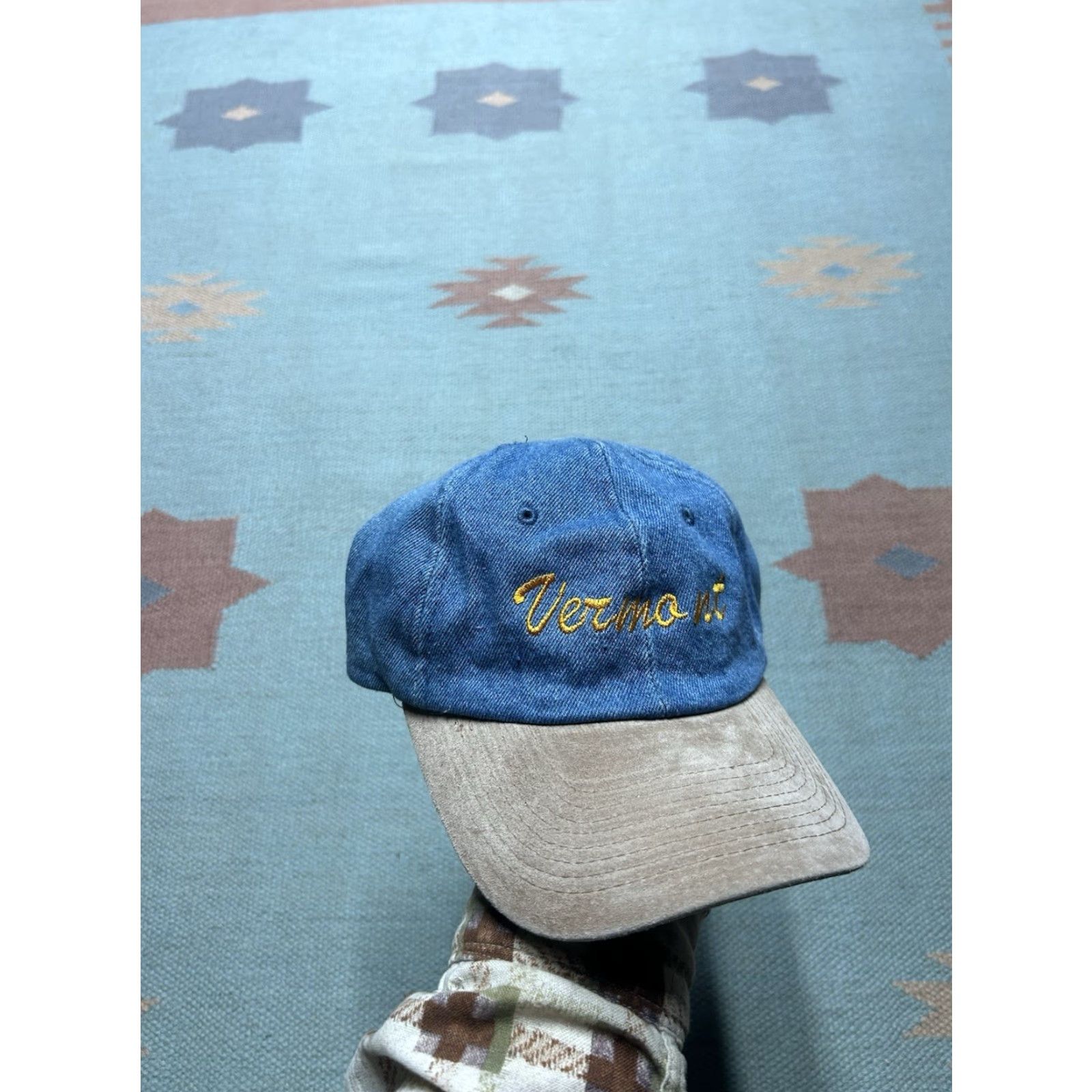 Denime VINTAGE Strapback hat cap Vermont denim embroidered suede bill adjustable Men's Adjustable Blue Denim Suede Vermont Strapback cap Hats Mens Size ONE SIZE - 2 Thumbnail