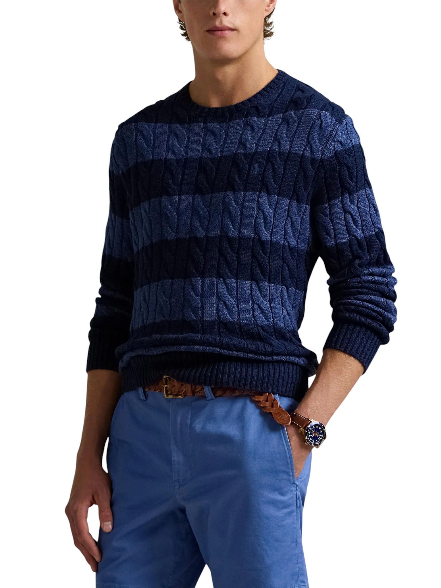 Ralph Lauren BLUE M Striped Cable Knit Pullover 86945 Size US M / EU 48-50 / 2 - 1 Thumbnail