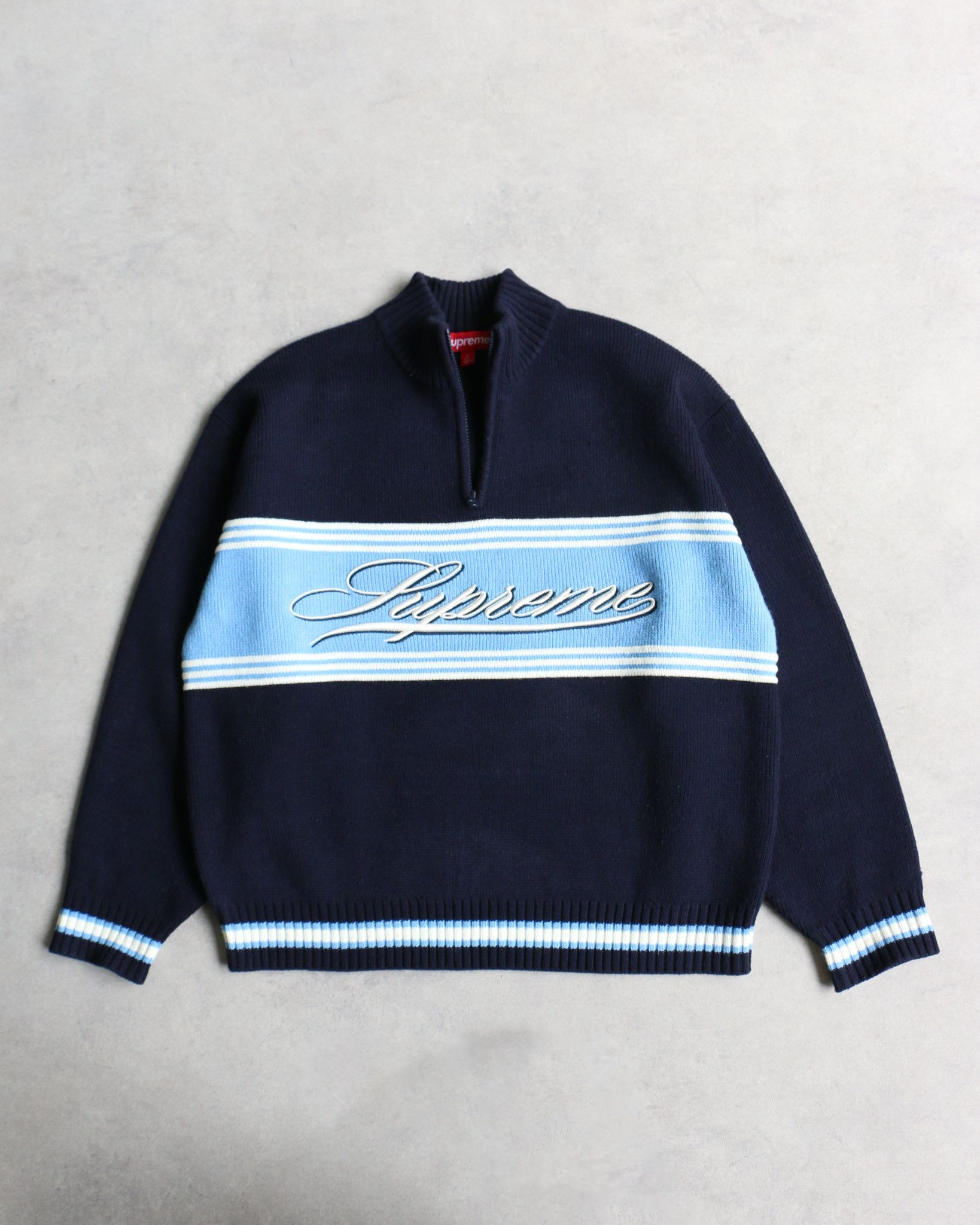 Supreme Supreme Script Stripe Half Zip Sweater Navy Size US L / EU 52-54 / 3 - 1 Thumbnail